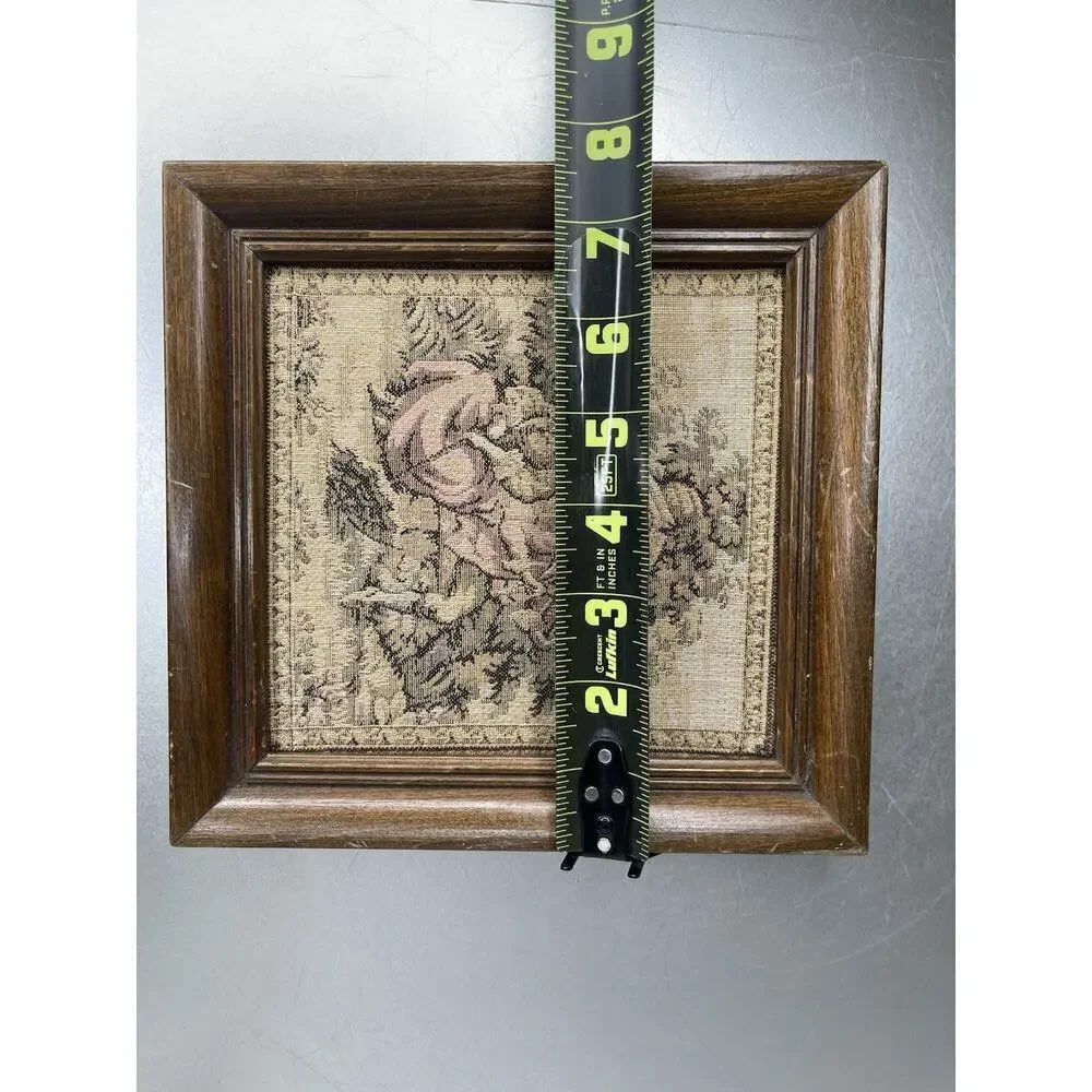 Antique Framed French Tapestry Boy Girl Violin Umbrella Victorian 8 X 8in